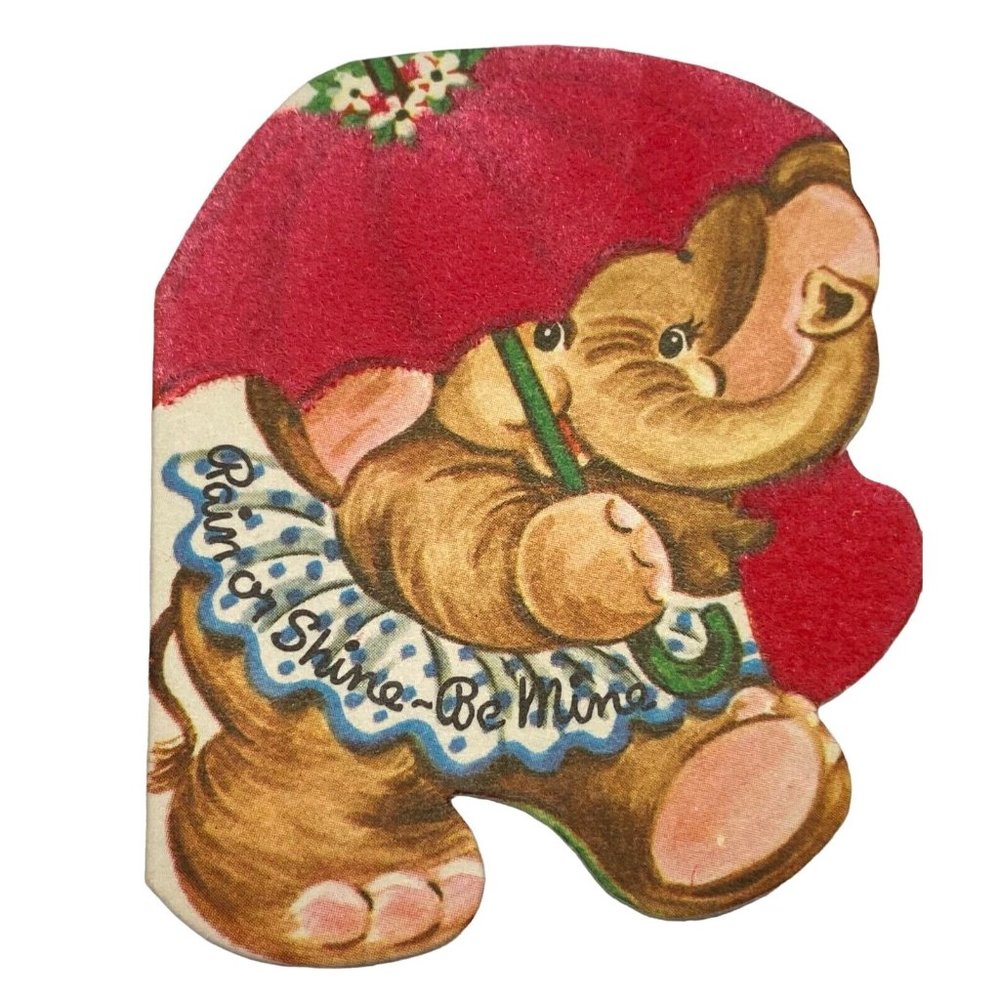 1940s Vintage Valentine Card Elephant with Umbrella Flocked Be Mine 3" Tall